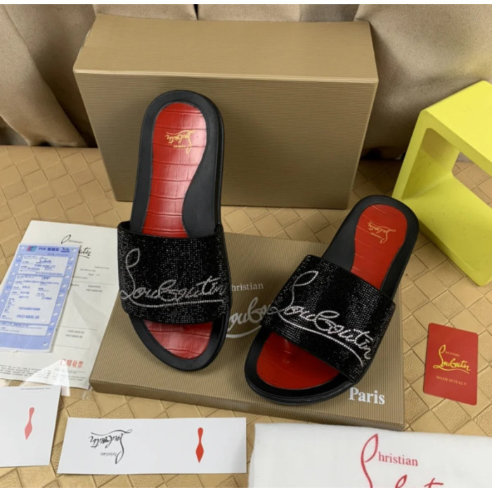 Christian Louboutin Black Crystal Logo Embellished Flat Slide Sandals