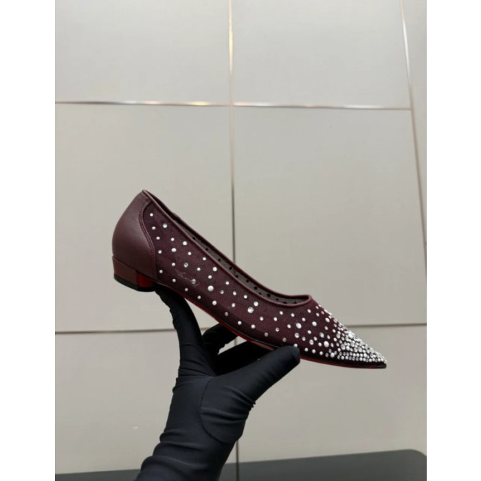 Christian Louboutin Burgundy Mesh Crystal‑Embellished Pointed‑Toe Flat Pumps