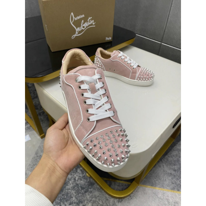 Christian Louboutin Pink Suede Silver‑Spiked Low‑Top Sneakers