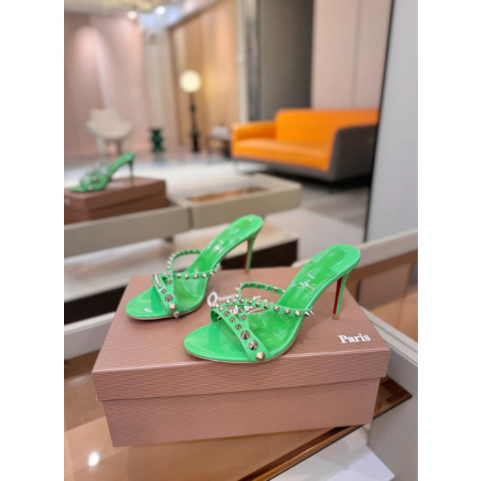 Christian Louboutin Green Patent Leather 100mm heel Silver‑Spiked Mule High‑Heel Sandals
