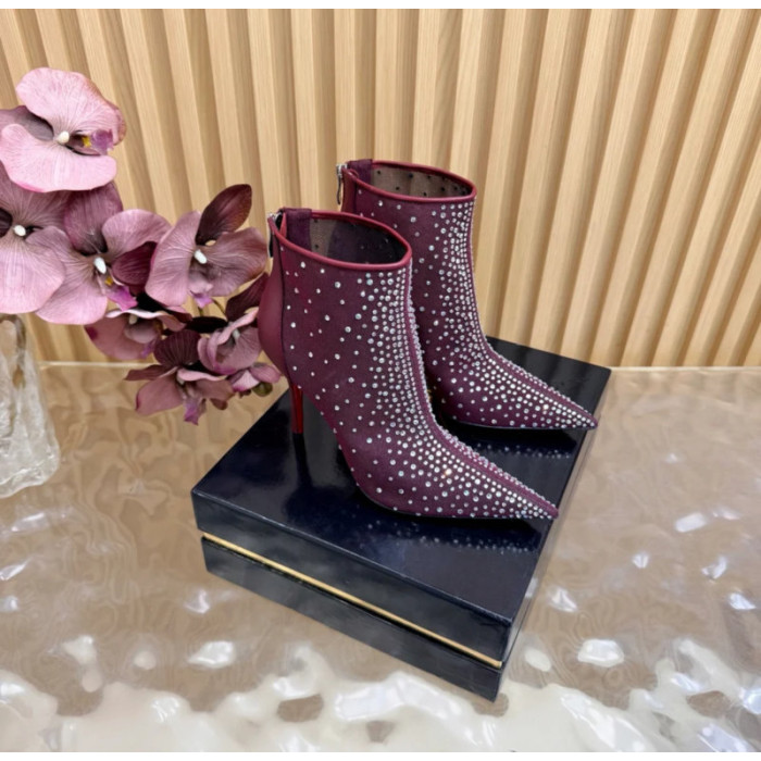 Christian Louboutin Burgundy Mesh Crystal‑Embellished 120mm Pointed‑Toe Stiletto Heel Ankle Boots