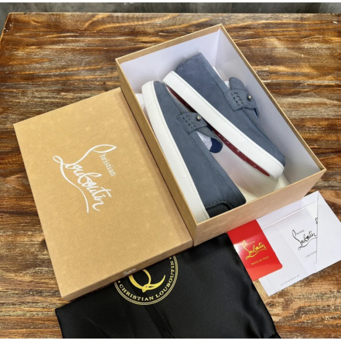 Christian Louboutin Slate Nubuck Leather Slip‑On Loafers