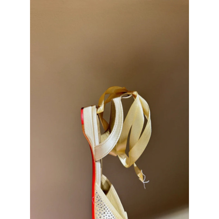 Christian Louboutin Gold Satin Crystal Tie‑Ankle Ballet Flats