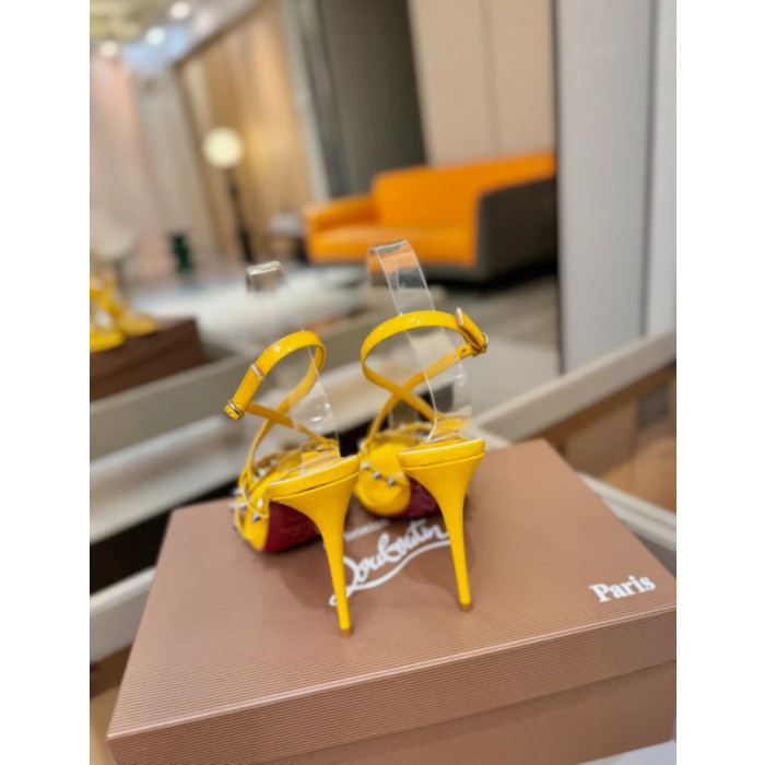 Christian Louboutin Yellow Patent Studded Crisscross Ankle‑Strap Open‑Toe 100mm Stiletto High Heel Sandals