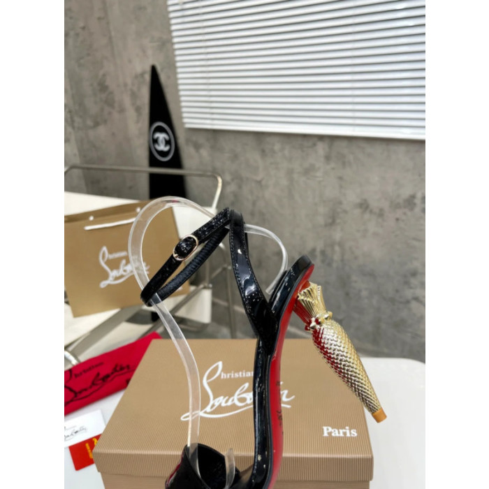 Christian Louboutin Black Patent Leather 100mm heel Ankle Strap Sandals