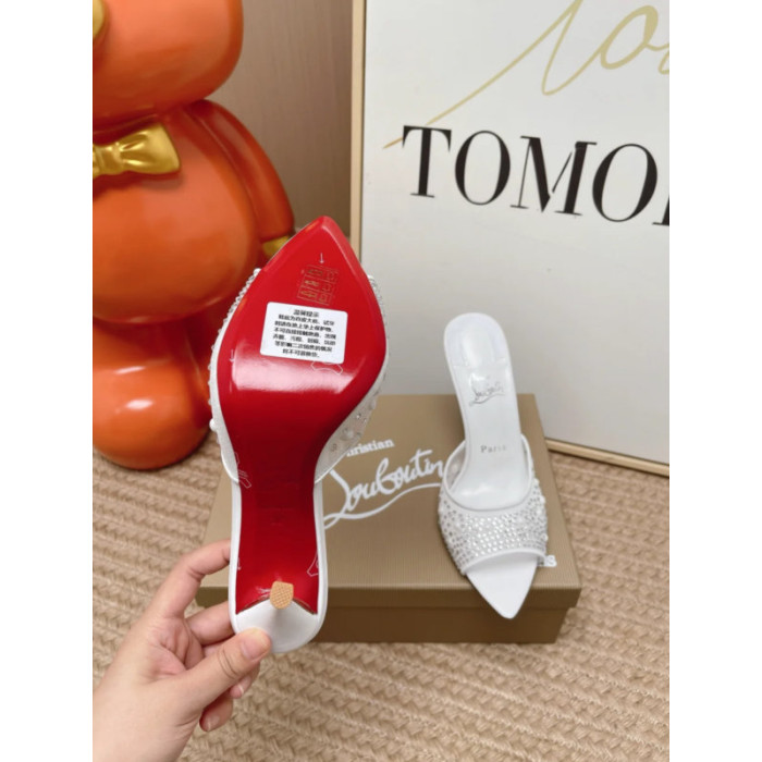 Christian Louboutin White Mesh Pearl Crystal‑Embellished 100mm Peep‑Toe Stiletto Heel Mules