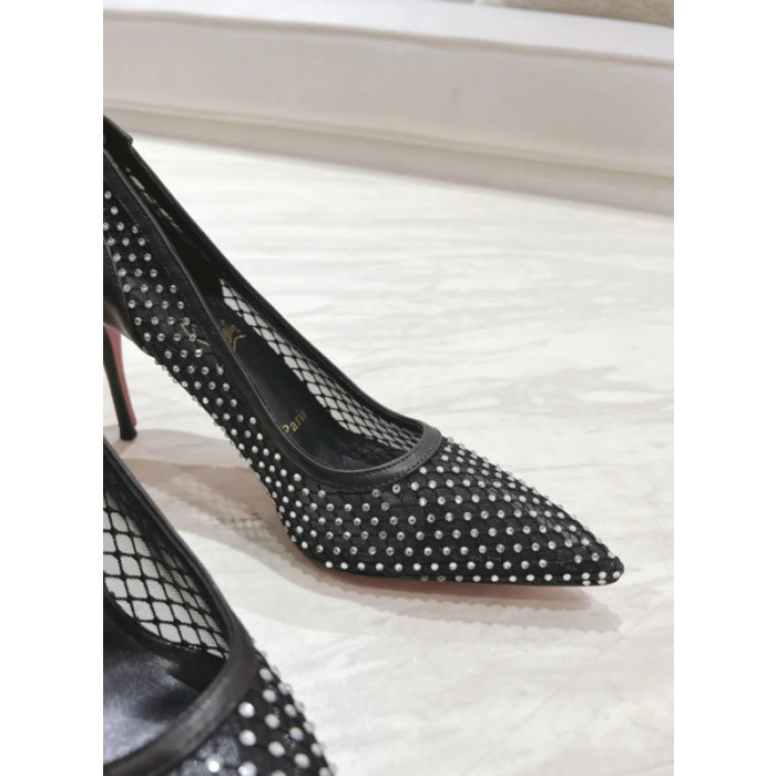 Christian Louboutin Black Mesh 80mm Apostropha Crystal‑Embellished Pointed Toe Heel Pumps