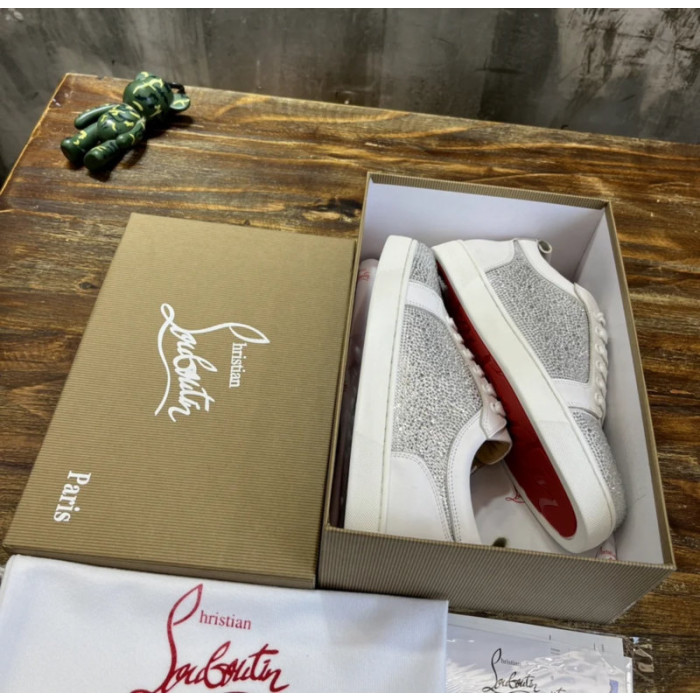Christian Louboutin White Leather Silver Crystal‑Embellished Low‑Top Men’s Sneakers