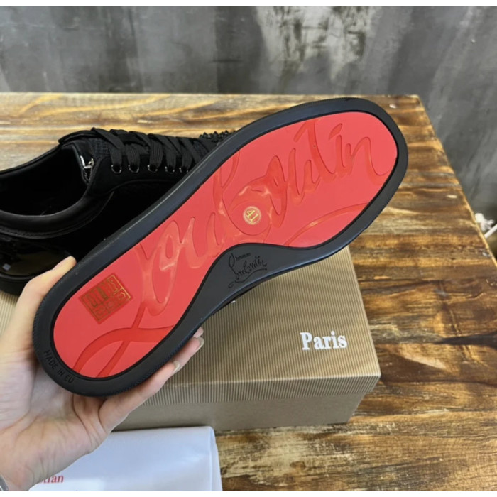Christian Louboutin Black Mesh Suede Patent Black‑Spiked Low‑Top Sneakers