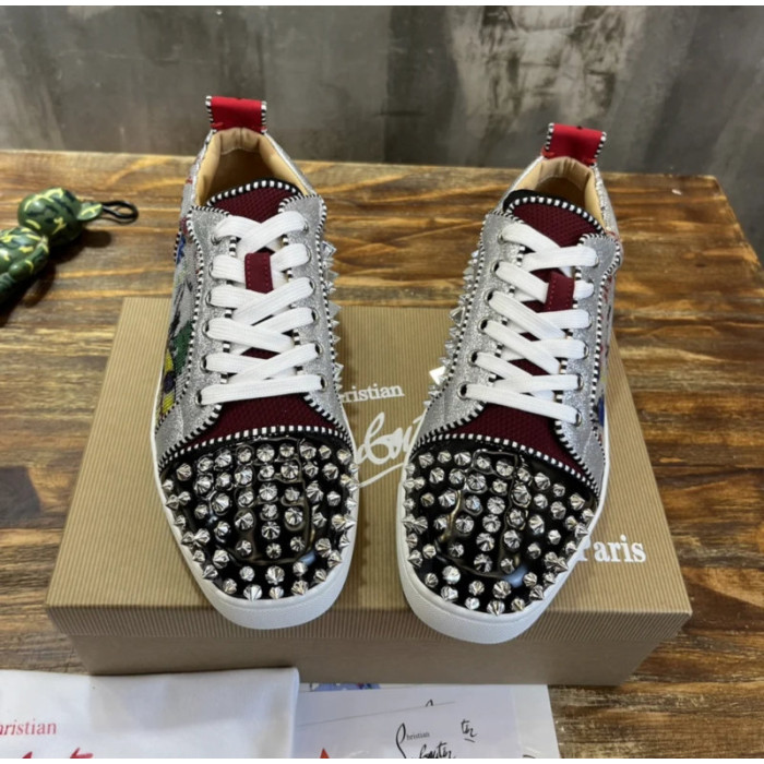 Christian Louboutin Graffiti Print Mixed‑Media Spike Low‑Top Sneakers
