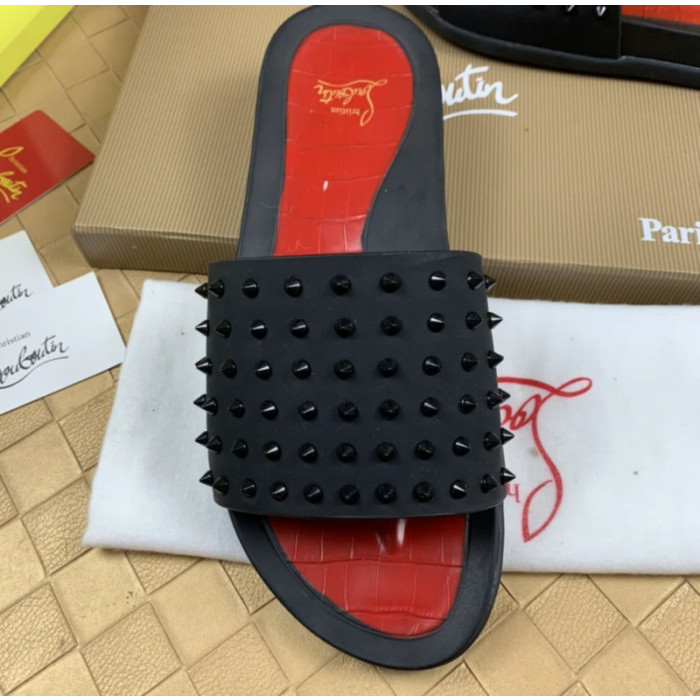 Christian Louboutin Black Spiked Slide Sandals Red Croc‑Embossed Footbed