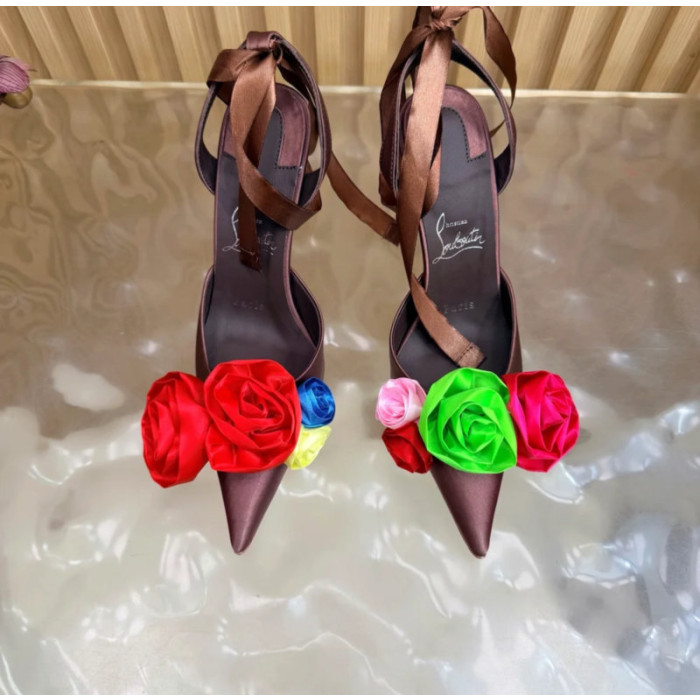 Christian Louboutin Burgundy Satin Multicolor Fabric Flower 100mm Stiletto Heel Slingback Pumps
