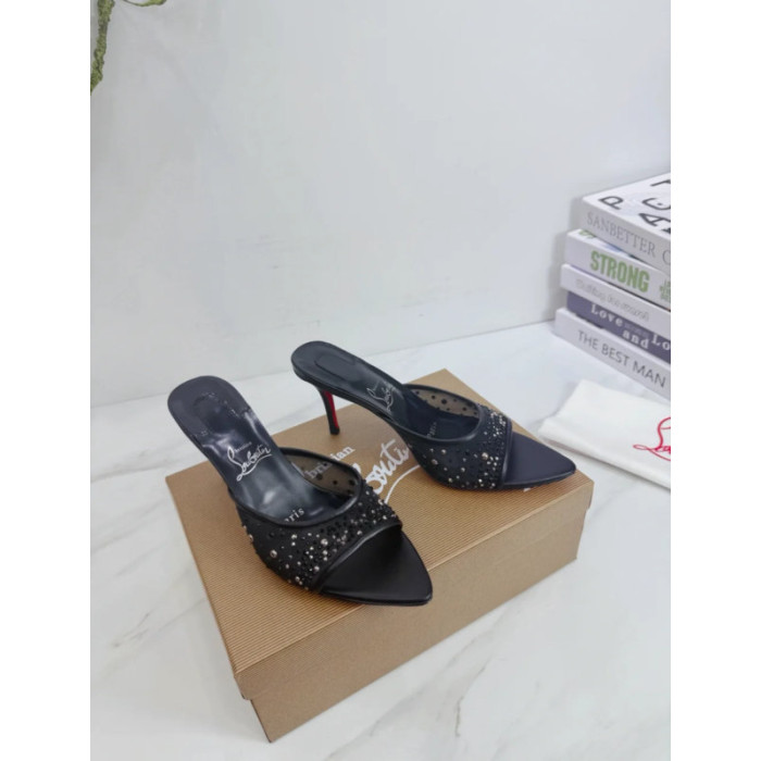 Christian Louboutin Black Mesh Crystal 85mm Pointed‑Toe Mule Heels