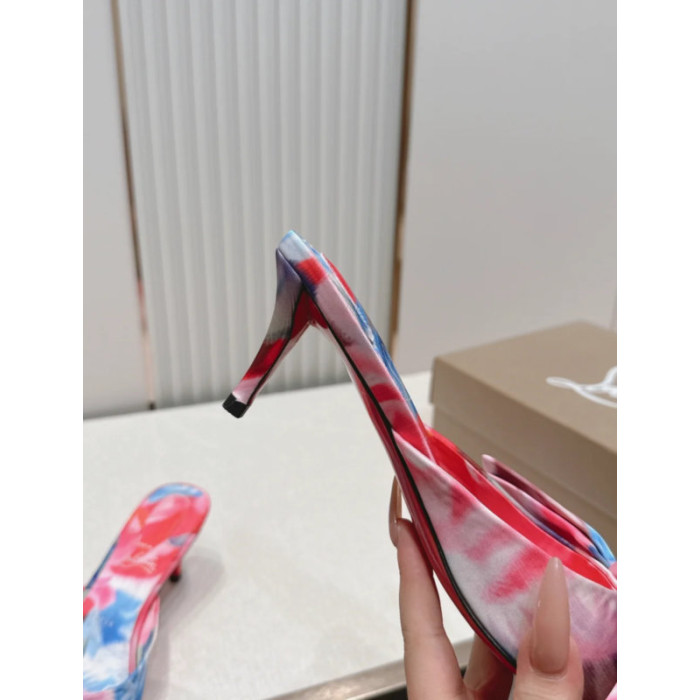 Christian Louboutin Floral‑Print Satin Bow 55mm Pointed‑Toe Mule Heels