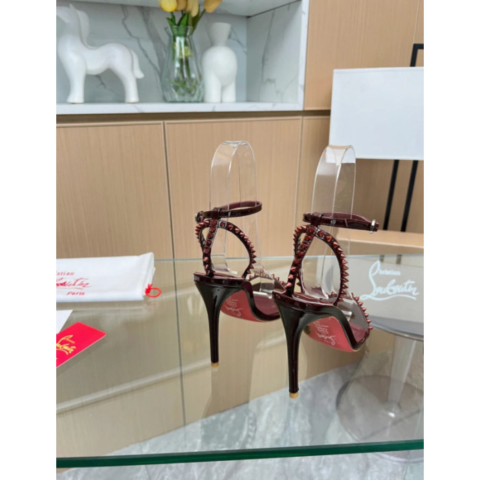 Christian Louboutin Burgundy Patent Spiked Ankle‑Strap 100mm heel Sandal