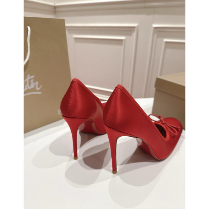 Christian Louboutin Red Satin Bow 100mm Square Toe Stiletto Pumps