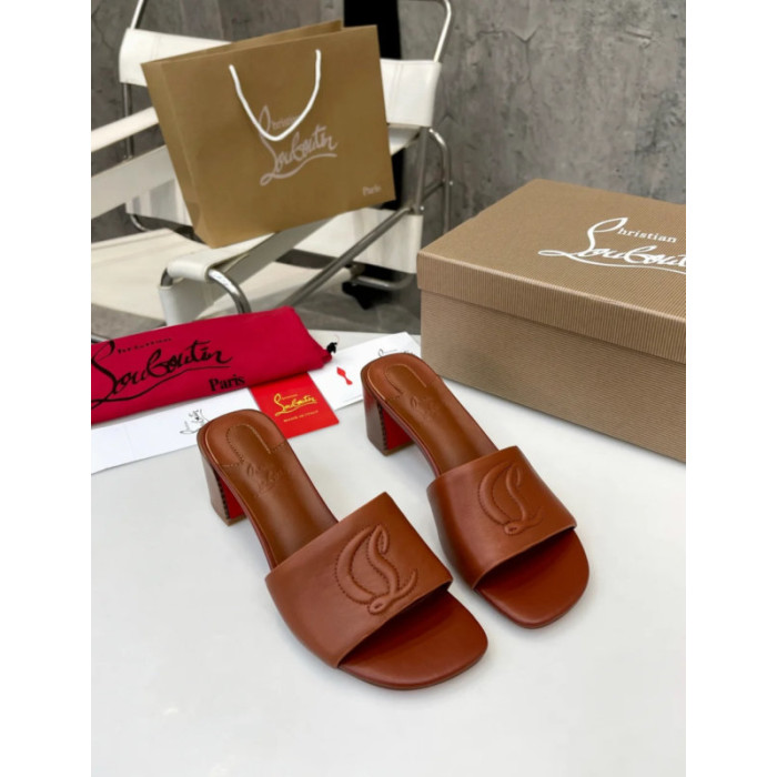 Christian Louboutin Cognac Brown Leather 55mm heel Block Heel Slide Sandal
