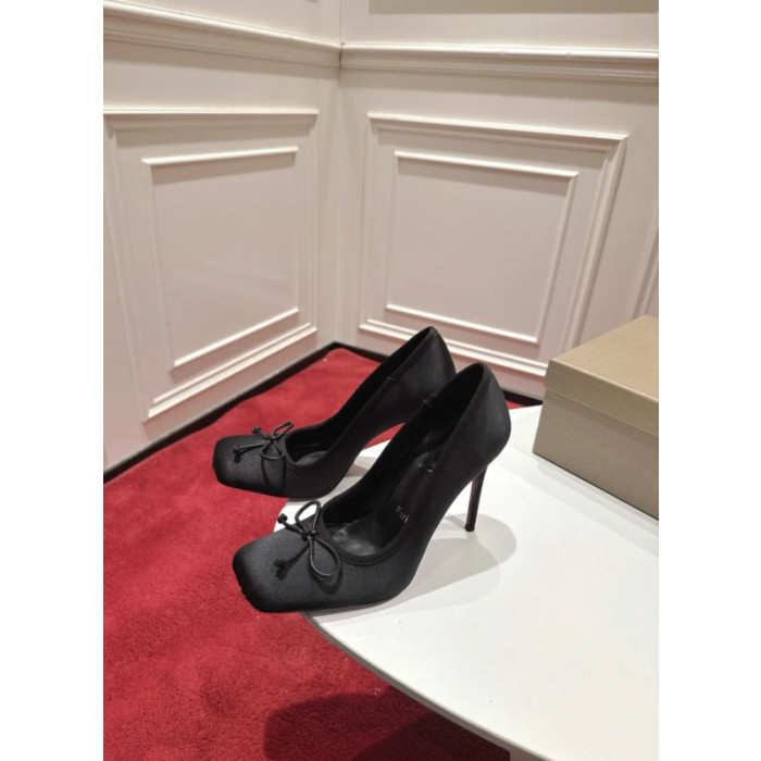 Christian Louboutin Black Satin Bow 100mm Square Toe Stiletto Pumps