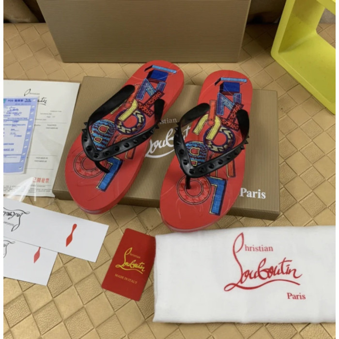 Christian Louboutin Red Graphic‑Print Studded Flip‑Flop Sandals