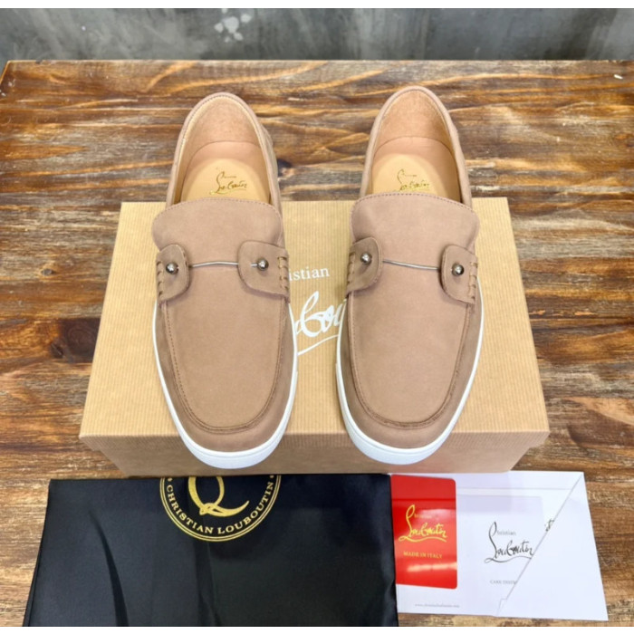 Christian Louboutin Taupe Nubuck Metal‑Bar Slip‑On Loafers