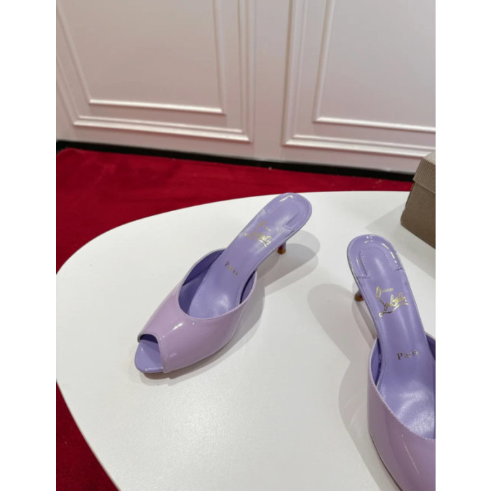 Christian Louboutin Lavender Patent Peep‑Toe Kitten Heel Mules
