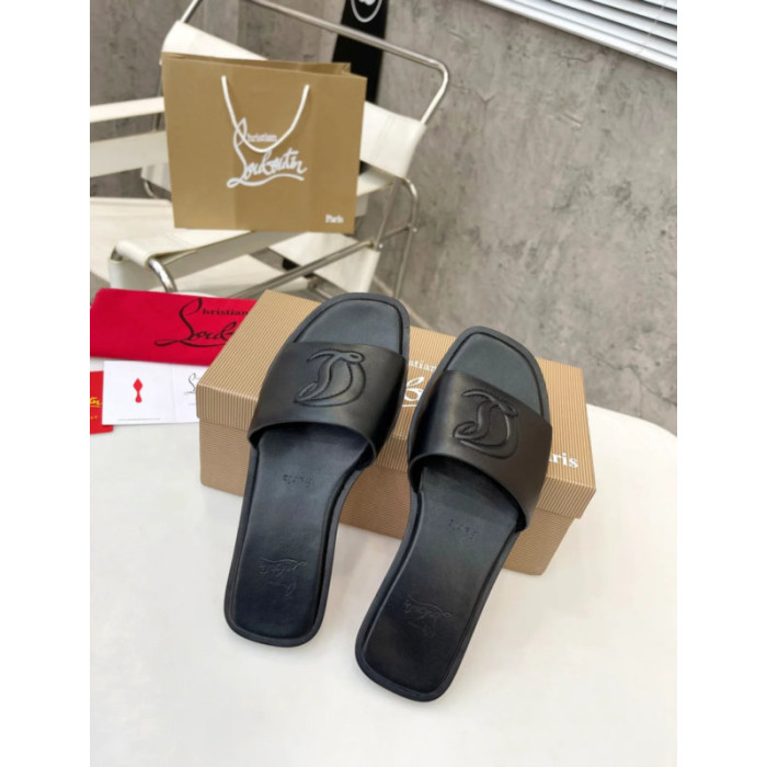 Christian Louboutin Signature Stitched Logo Black Leather Flat Slip‑on Sandal