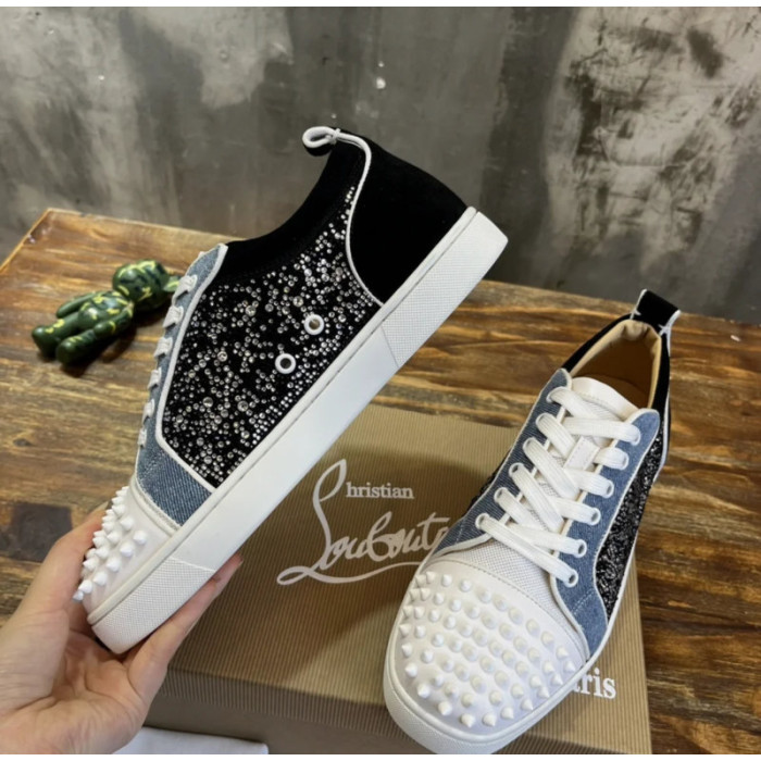 Christian Louboutin Denim Mixed‑Media Crystal Spike Low‑Top Sneakers