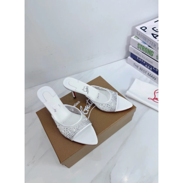 Christian Louboutin White Mesh Crystal 85mm Pointed‑Toe Mule Heels