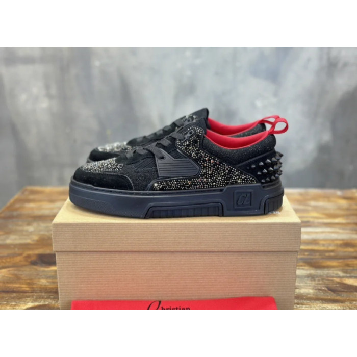 Christian Louboutin Black Suede Crystal Spiked Low‑Top Platform Sneakers