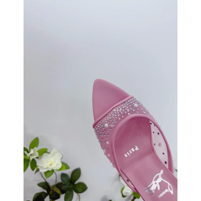 Christian Louboutin Pink Mesh Crystal 70mm Pointed‑Toe Mule High‑Heel Sandals