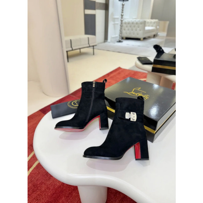 Christian Louboutin Black Suede Metal‑Buckle Block Heel Ankle Boots