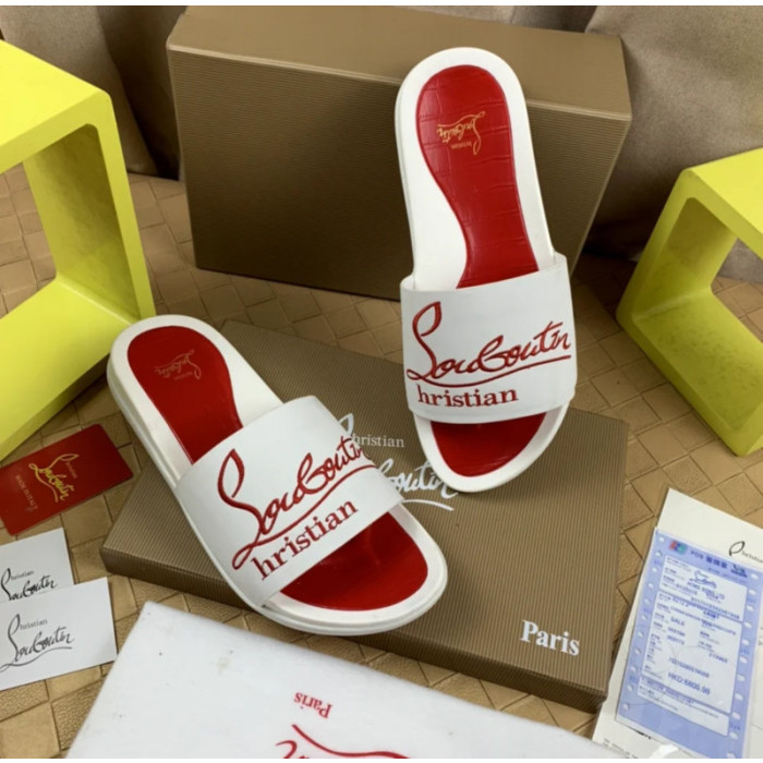 Christian Louboutin White Slide Sandals With Red Embossed Signature Logo