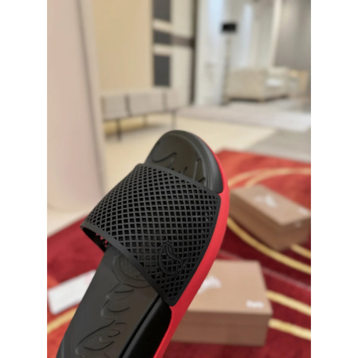 Christian Louboutin Black Mesh Logo Slide Sandals Red Rubber Outsole