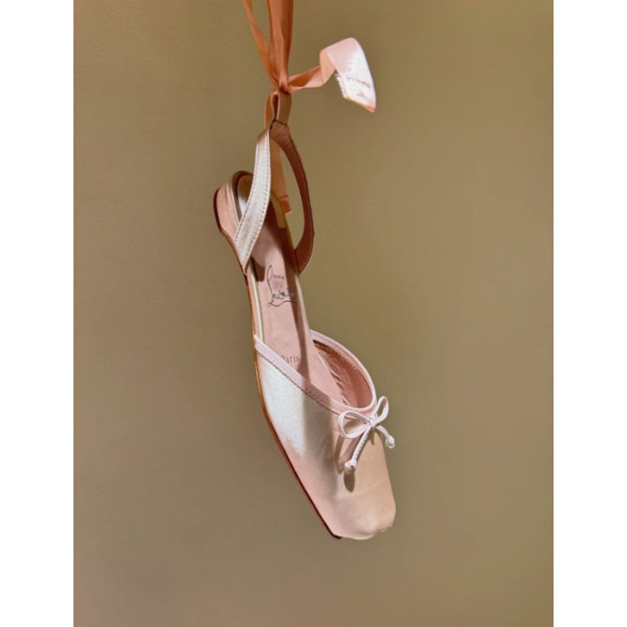 Christian Louboutin Blush Pink Satin Bow Tie‑Ankle Flat Ballet Sandals