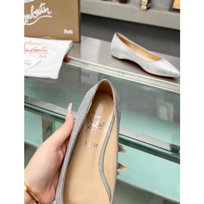 Christian Louboutin Silver Glitter Pointed‑Toe Low‑Wedge Heel Flats