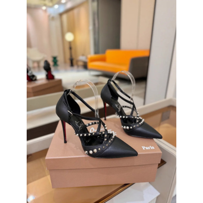 Christian Louboutin Black Leather Spiked Crisscross Strap Pointed‑Toe High‑Heel Pumps