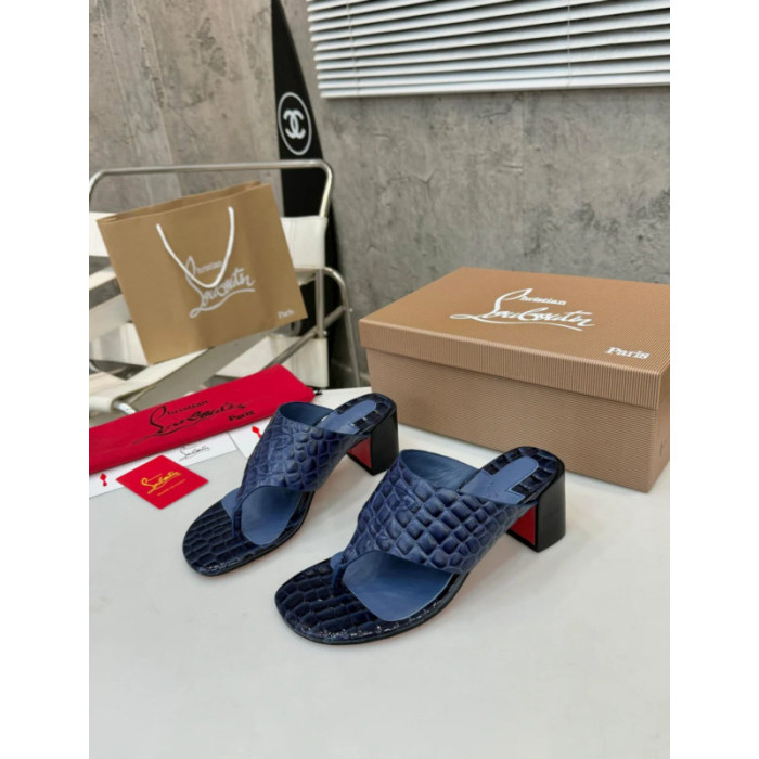 Christian Louboutin Navy Croc‑embossed Leather 55mm Block Heel Mule Sandal