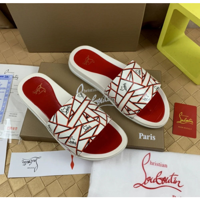 Christian Louboutin White Geometric‑Print Slide Sandals With Signature Logo