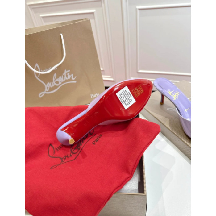 Christian Louboutin Lavender Patent Peep‑Toe Kitten Heel Mules