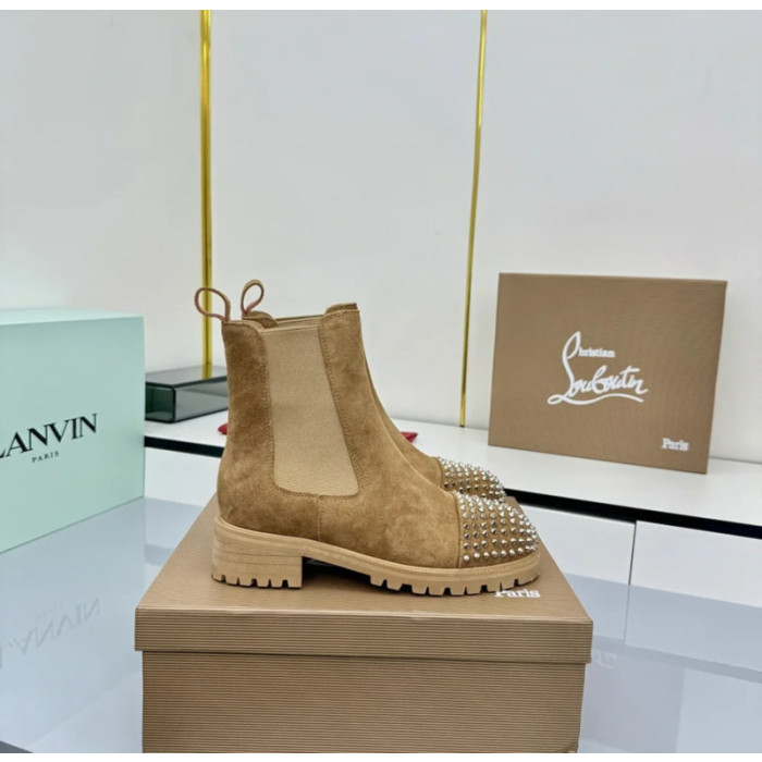 Christian Louboutin Tan Suede Stud‑Cap Chelsea Ankle Boots