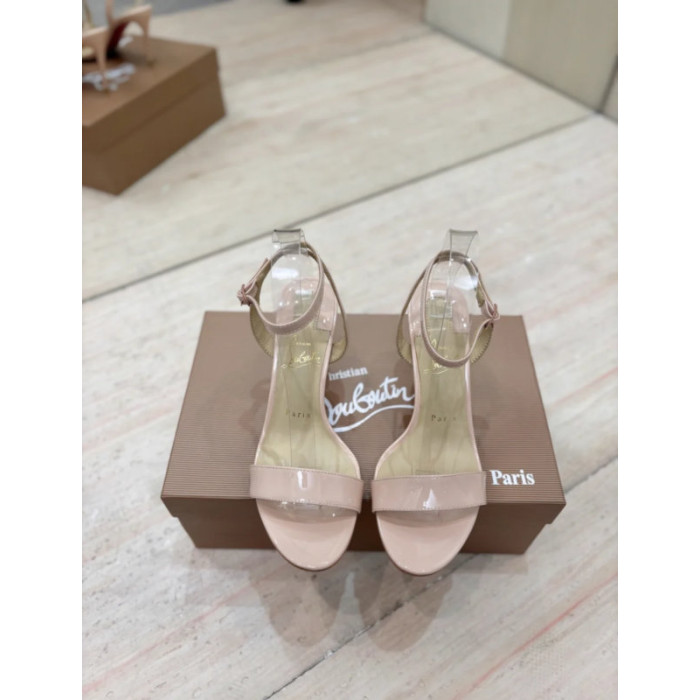 Christian Louboutin Nude Patent Leather 100mm Stiletto Heel Ankle‑Strap Sandals