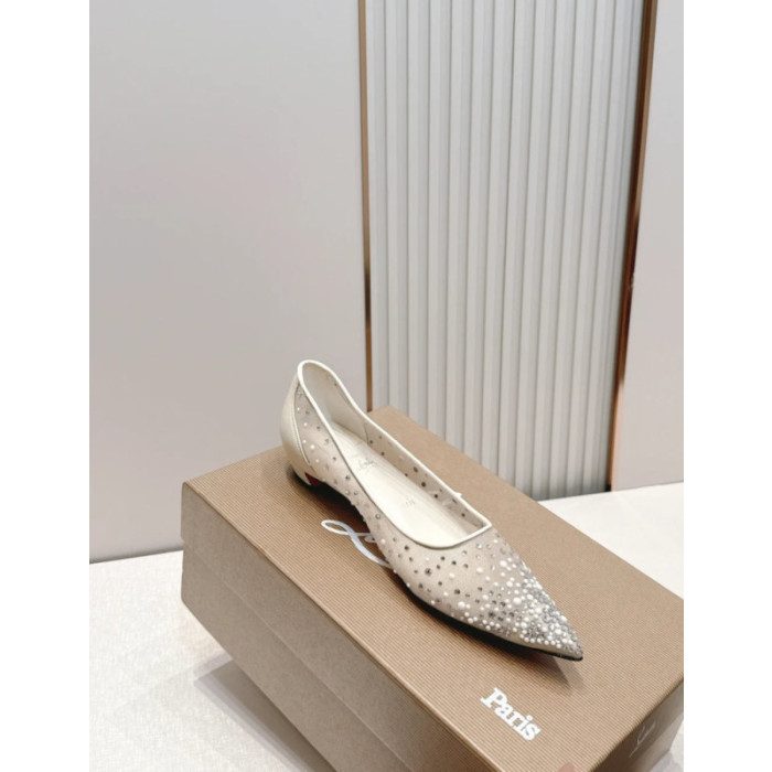 Christian Louboutin White Mesh Pearl Crystal‑Embellished Pointed‑Toe Flat Shoes