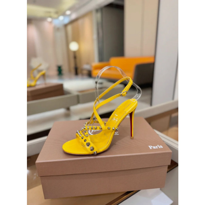 Christian Louboutin Yellow Patent Studded Crisscross Ankle‑Strap Open‑Toe 100mm Stiletto High Heel Sandals