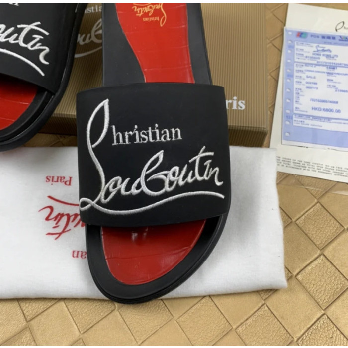 Christian Louboutin Black Rubber Slide Sandals White Signature Logo Print
