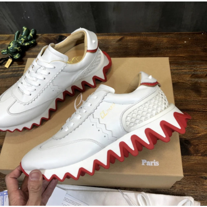 Christian Louboutin White Leather Gold‑Logo Lace‑Up Sneakers Red Shark‑Tooth Sole