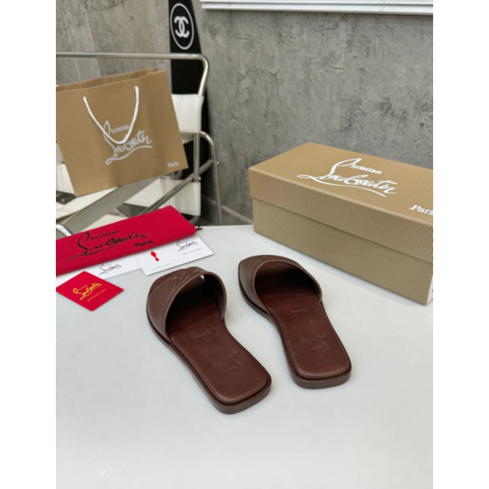 Christian Louboutin Debossed Stitched Logo Dark Brown Leather Flat Slide