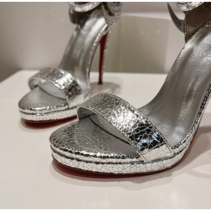 Christian Louboutin Silver Crackled Leather Crystal 120mm Platform Heel Sandals