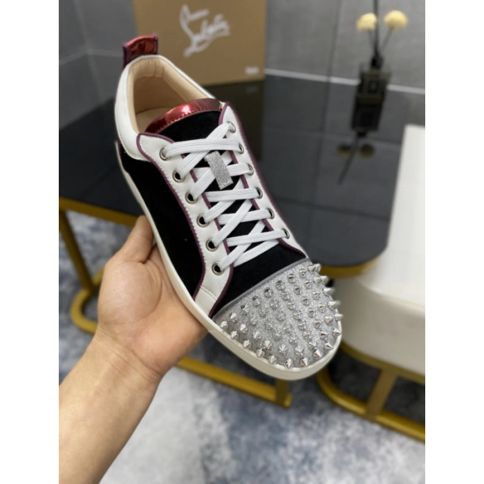 Christian Louboutin Black Suede Silver‑Spiked Low‑Top Sneakers