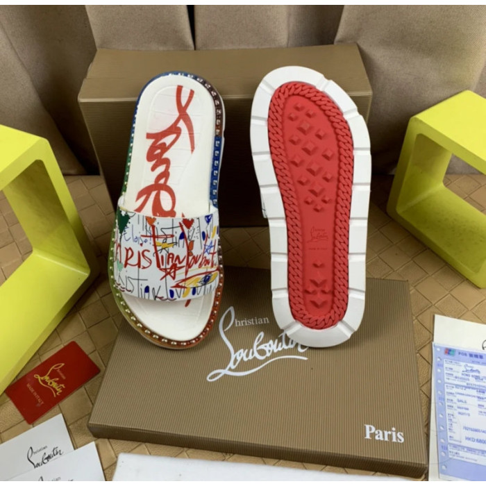 Christian Louboutin White Graffiti‑Print Slides Rainbow Crystal‑Trimmed Sole