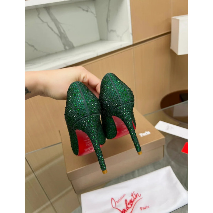 Christian Louboutin Emerald Green Crystal‑Encrusted Scalloped 100mm heel Pump